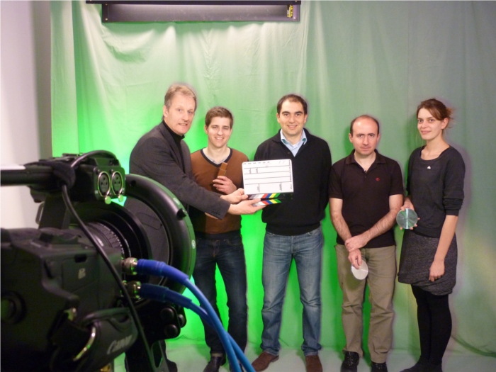 In the ENS MOOC studio, with Michael Köpf, Alberto Rosso, Vivien Lecomte, and our camera woman, Emilie Noblet, all in front of the green screen.